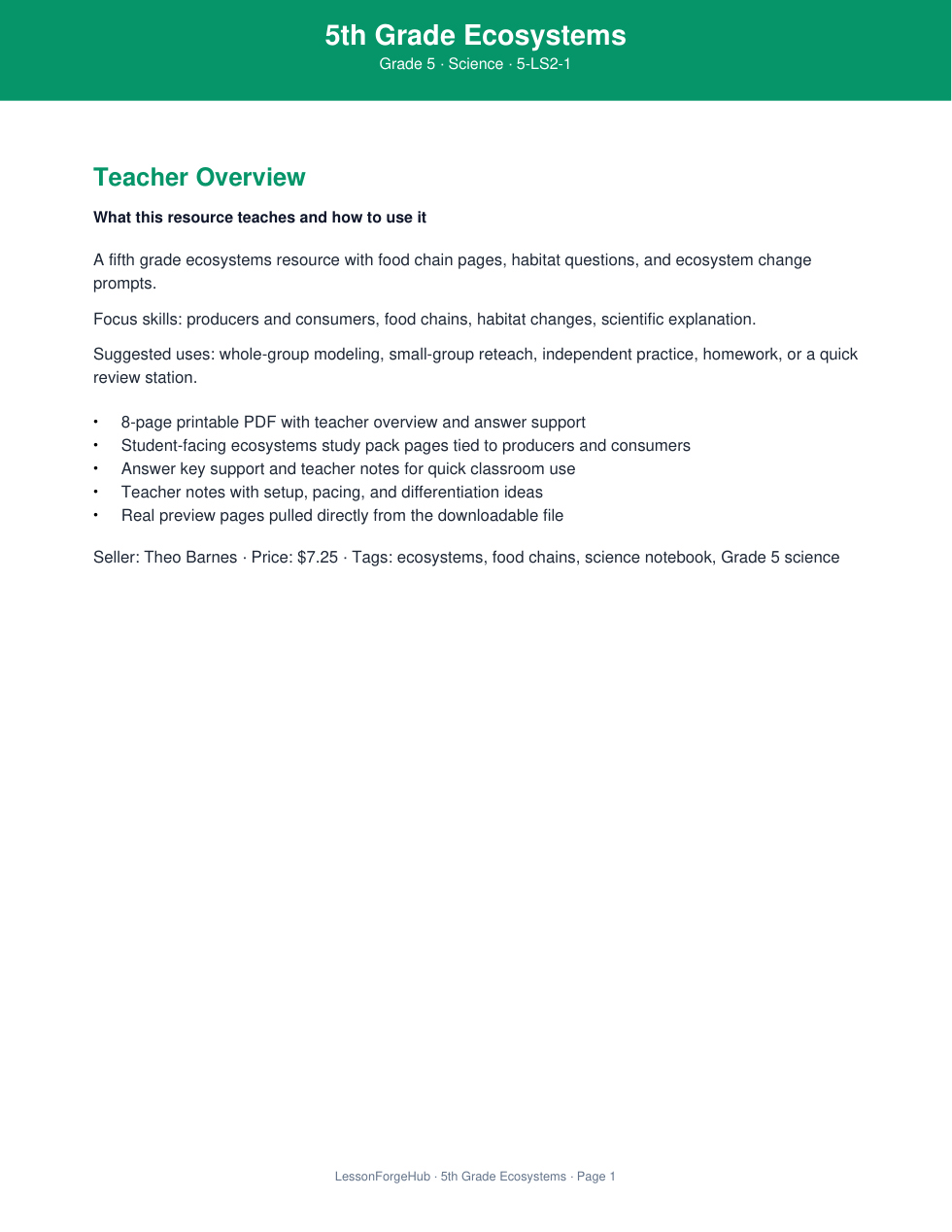 5th Grade Ecosystems cover preview