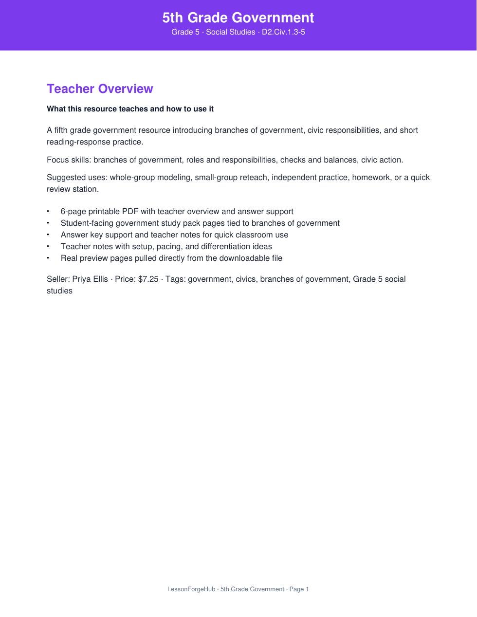 5th Grade Government cover preview