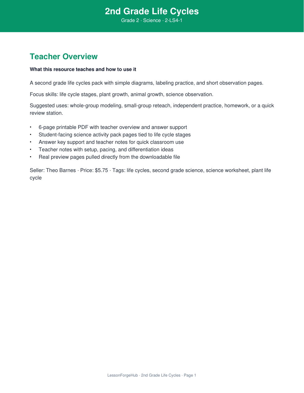 2nd Grade Life Cycles cover preview