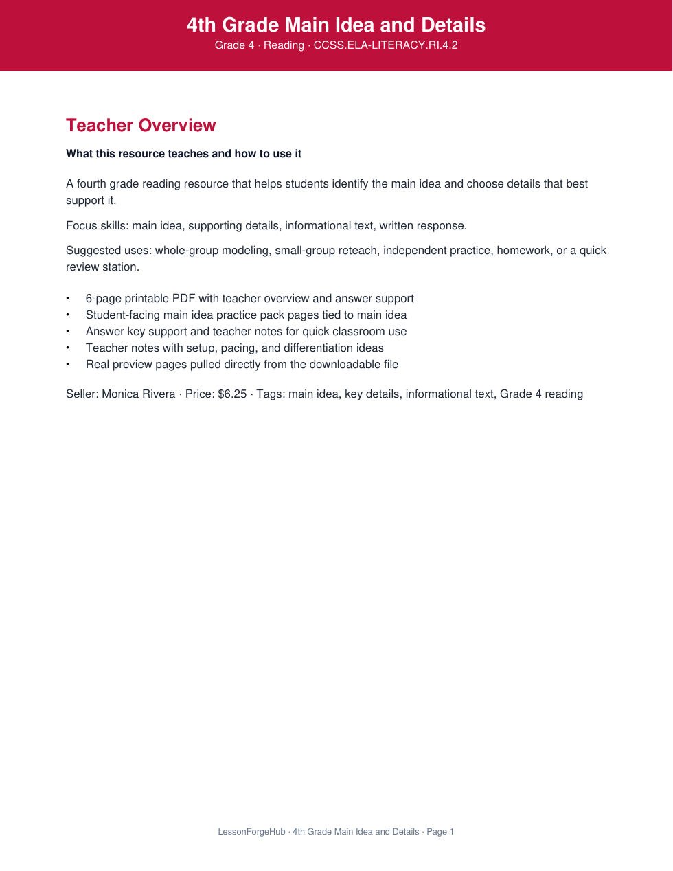 4th Grade Main Idea and Details cover preview