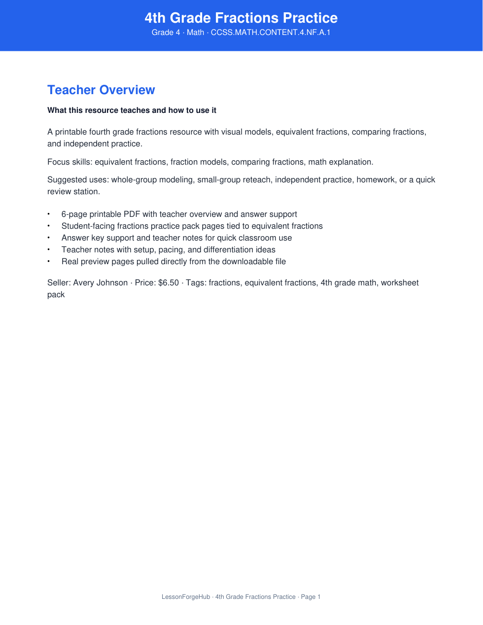 4th Grade Fractions Practice cover preview