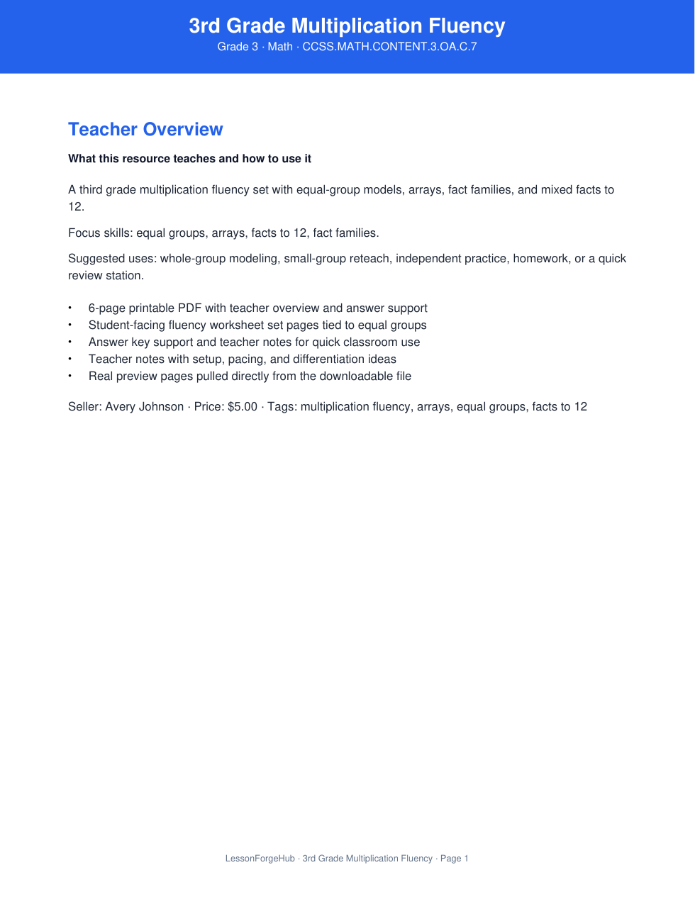 3rd Grade Multiplication Fluency cover preview