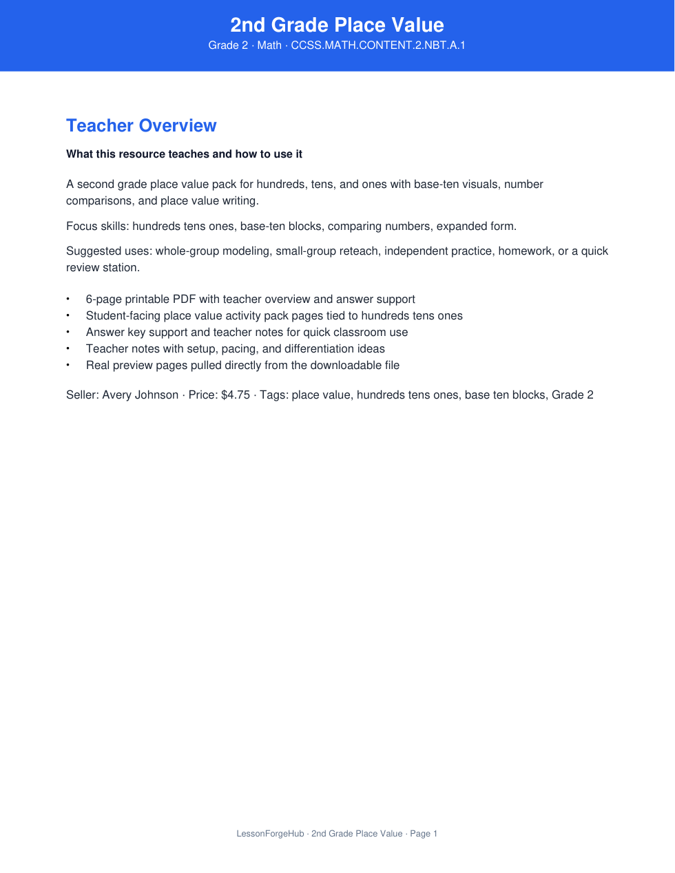 2nd Grade Place Value cover preview