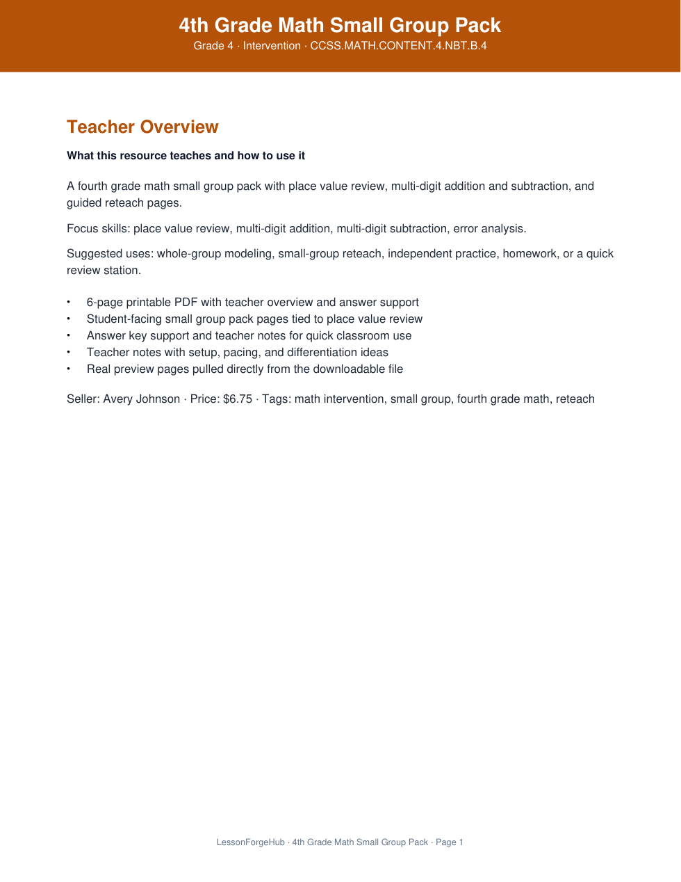 4th Grade Math Small Group Pack cover preview