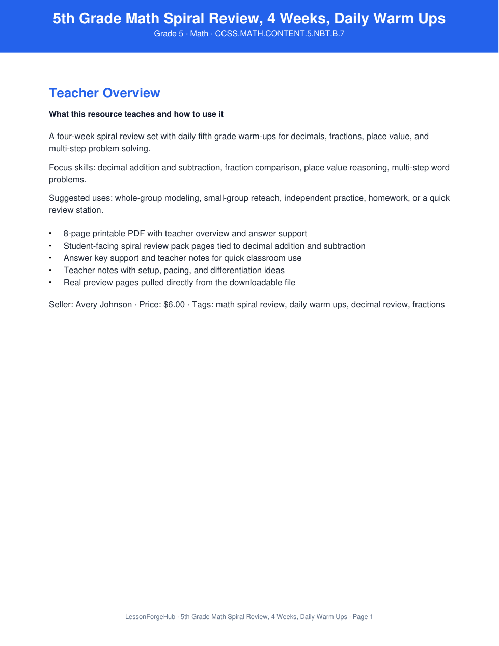 5th Grade Math Spiral Review, 4 Weeks, Daily Warm Ups cover preview