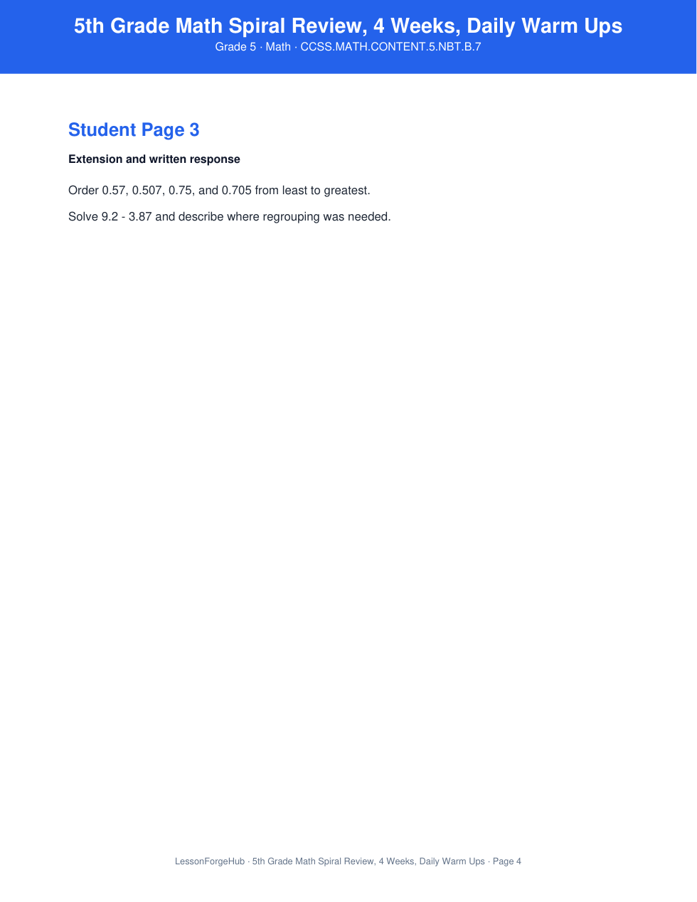 5th Grade Math Spiral Review, 4 Weeks, Daily Warm Ups gallery image 3