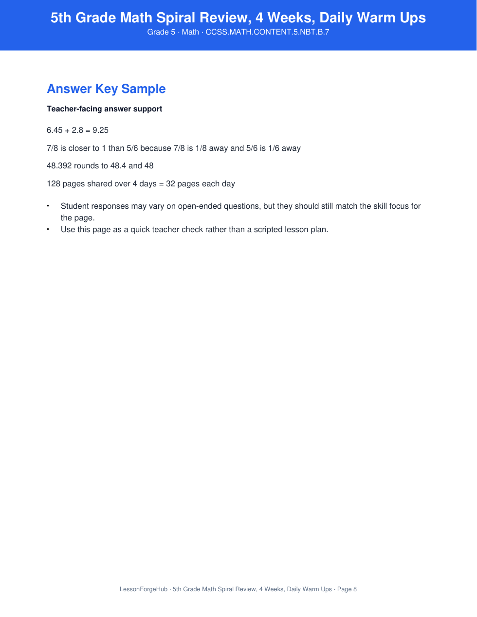 5th Grade Math Spiral Review, 4 Weeks, Daily Warm Ups gallery image 4