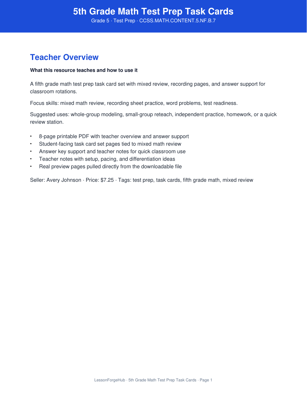 5th Grade Math Test Prep Task Cards cover preview