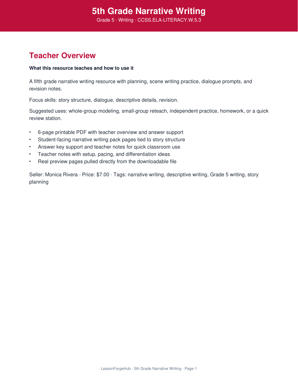 5th Grade Narrative Writing cover preview