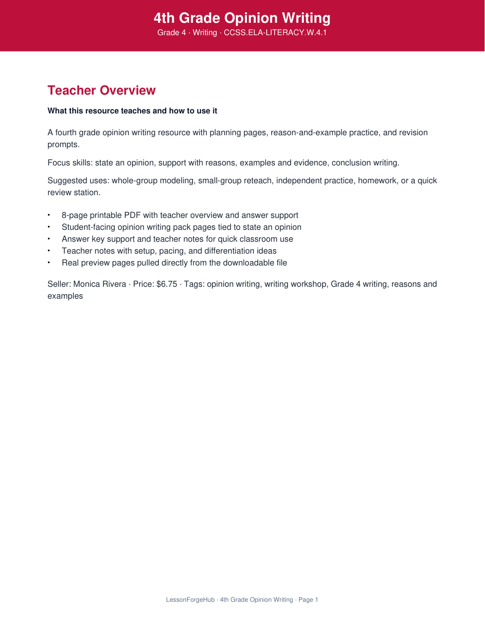 4th Grade Opinion Writing cover preview