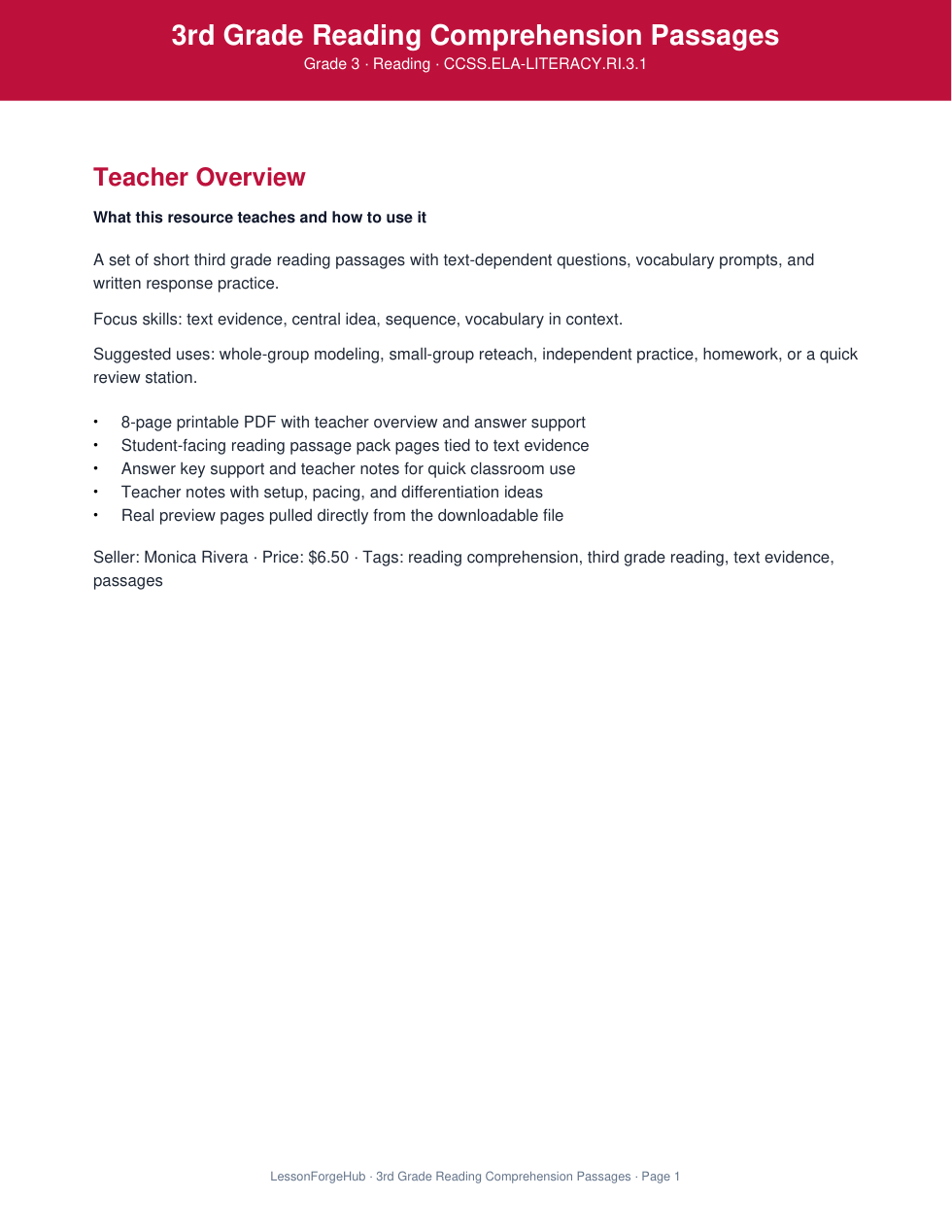 3rd Grade Reading Comprehension Passages cover preview