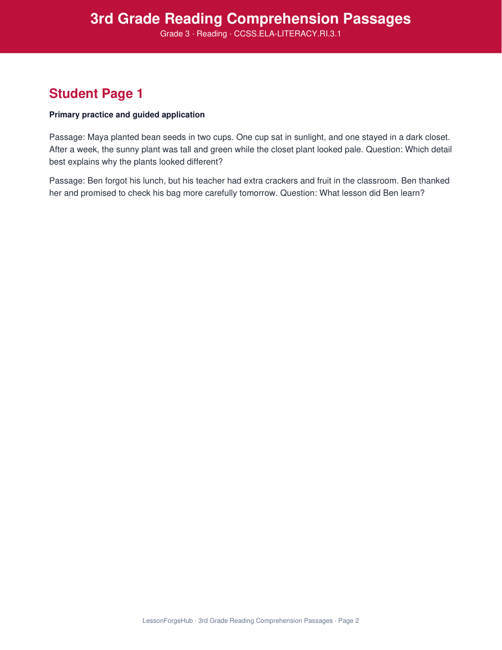 3rd Grade Reading Comprehension Passages gallery image 2